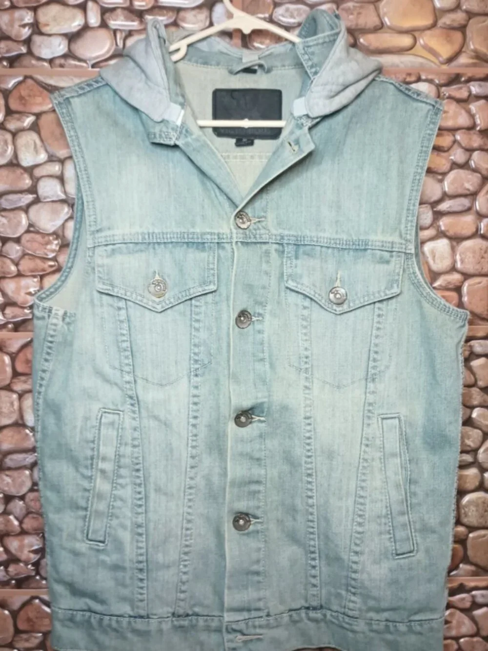 Sleeveless Denim Vest Detachable Hood Stone Wash Blue & Gray Size M Grunge - Picture 3 of 16
